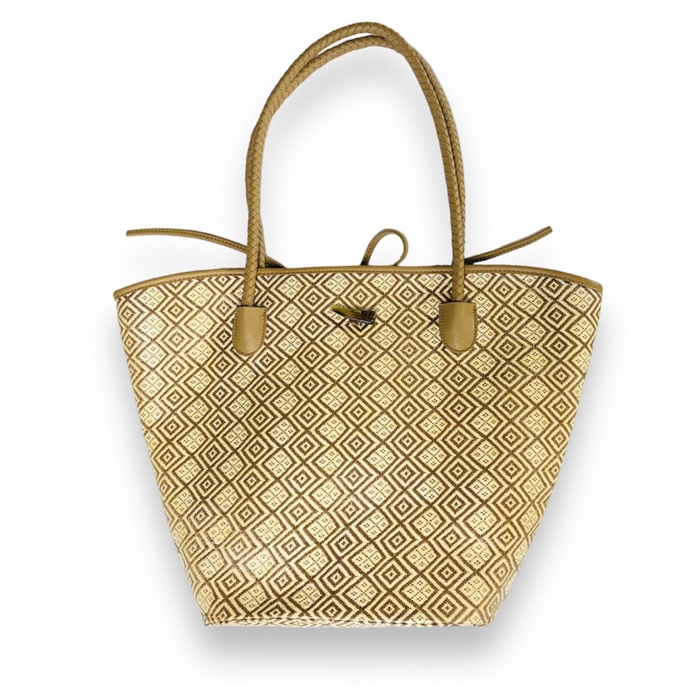 Neiman Marcus Straw Aztec Diamond Tote Bag Large Beige Textured Leather Handles